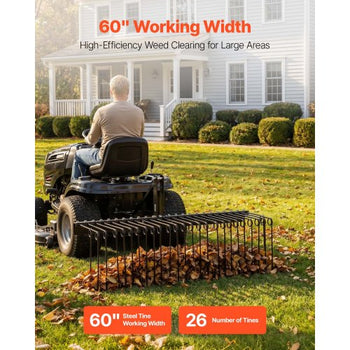 60 in Tow Behind Landscape Rake, 3 Point Hitch Lawn Dethatcher Rake, 26 Spring Steel Tines, for Category 1 Tractors, Heavy Duty & Rust-Resistant Rakes Tractor Attachments for Leaves Pine Needles