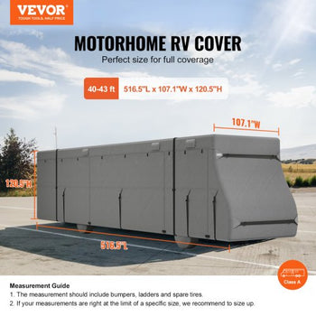 Class A RV Cover, 40-43 ft Motorhome Cover, Non-woven Fabric Motorhome RV Cover, Waterproof, Windproof and Rip-Stop, Camper Cover with Storage Bag, Repair Patches, Straps and Tire Covers