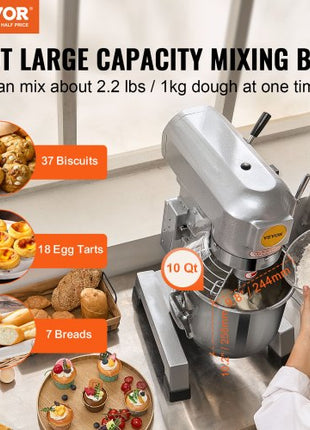 Commercial Food Mixer, 10L Commercial Stand Mixer with 3 Adjustable Speeds, 550W Dough Mixer with Stainless Steel Bowl and 3 Mixing Attachments, Ideal for Restaurant, Bakery, Pastry shop, Cafe