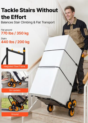 Stair Climbing Cart, 440 lbs Stair-Climbing Capacity, Heavy-Duty Folding Trolley Cart with Telescoping Handle, 6 Wheels and 2 Bungee Cords, Stair Climber Dolly for Home, Groceries, Warehouse