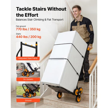 Stair Climbing Cart, 440 lbs Stair-Climbing Capacity, Heavy-Duty Folding Trolley Cart with Telescoping Handle, 6 Wheels and 2 Bungee Cords, Stair Climber Dolly for Home, Groceries, Warehouse