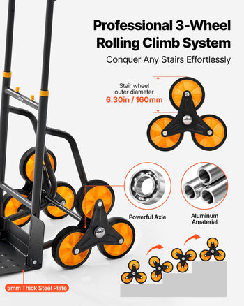 Stair Climbing Cart, 770 lbs Stair-Climbing Capacity, Heavy-Duty Folding Trolley Cart with Telescoping Handle, 6 Wheels and 2 Bungee Cords, Stair Climber Dolly for Home, Groceries, Warehouse