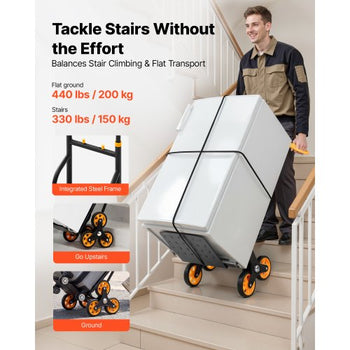 Stair Climbing Cart, 330 lbs Stair-Climbing Capacity, Heavy-Duty Folding Trolley Cart with Telescoping Handle, 6 Wheels and 2 Bungee Cords, Stair Climber Dolly for Home, Groceries, Warehouse