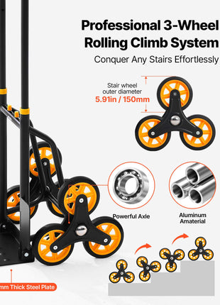Stair Climbing Cart, 440 lbs Stair-Climbing Capacity, Heavy-Duty Folding Trolley Cart with Telescoping Handle, 6 Wheels and 2 Bungee Cords, Stair Climber Dolly for Home, Groceries, Warehouse
