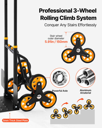 Stair Climbing Cart, 440 lbs Stair-Climbing Capacity, Heavy-Duty Folding Trolley Cart with Telescoping Handle, 6 Wheels and 2 Bungee Cords, Stair Climber Dolly for Home, Groceries, Warehouse