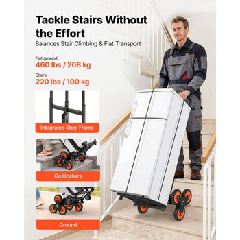 Stair Climbing Cart, 220 lbs Stair-Climbing Capacity, Heavy-Duty Folding Trolley Cart with Telescoping Handle, 6 Wheels and 2 Bungee Cords, Stair Climber Dolly for Home, Groceries, Warehouse