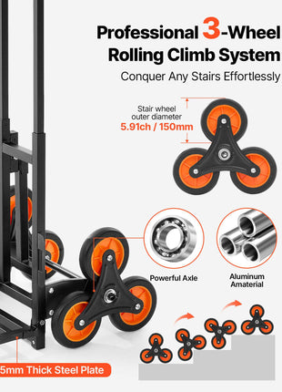 Stair Climbing Cart, 460 lbs Stair-Climbing Capacity, Heavy-Duty Folding Trolley Cart with Telescoping Handle, 6 Wheels and 2 Bungee Cords, Stair Climber Dolly for Home, Groceries, Warehouse