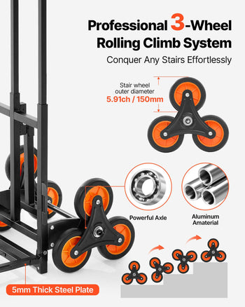 Stair Climbing Cart, 460 lbs Stair-Climbing Capacity, Heavy-Duty Folding Trolley Cart with Telescoping Handle, 6 Wheels and 2 Bungee Cords, Stair Climber Dolly for Home, Groceries, Warehouse