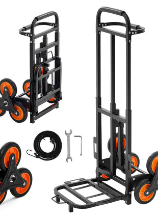 Stair Climbing Cart, 460 lbs Stair-Climbing Capacity, Heavy-Duty Folding Trolley Cart with Telescoping Handle, 6 Wheels and 2 Bungee Cords, Stair Climber Dolly for Home, Groceries, Warehouse