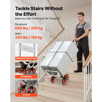 Stair Climbing Cart, 330 lbs Stair-Climb Capacity, Aluminum Alloy Folding Trolley Cart with Telescoping Handle, 6 Wheels and 2 Bungee Cords, Stair Climber Dolly for Home, Groceries, Warehouse