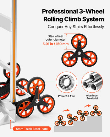 Stair Climbing Cart, 650 lbs Stair-Climb Capacity, Aluminum Alloy Folding Trolley Cart with Telescoping Handle, 6 Wheels and 2 Bungee Cords, Stair Climber Dolly for Home, Groceries, Warehouse