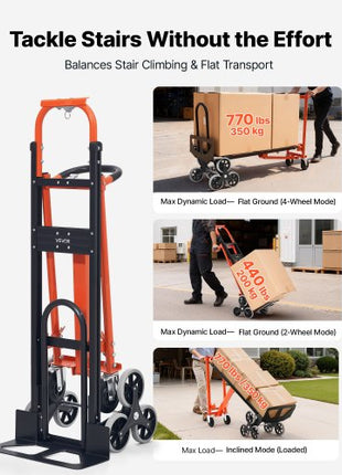 3 in 1 Industrial Convertible Stair Climbing Cart, 770 lbs Max Load, Folding Hand Truck Dolly with Handle & Wheels, Stair Climbing Utility Trolley for Transport & Moving, Orange & Silver