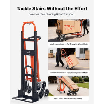 3 in 1 Industrial Convertible Stair Climbing Cart, 770 lbs Max Load, Folding Hand Truck Dolly with Handle & Wheels, Stair Climbing Utility Trolley for Transport & Moving, Orange & Silver