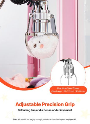 Claw Crane Machine, Medium-Sized Arcade Game Machine with Light & Sound, Adjustable Steel Claws, Precise Toy Candy Grabber Prize Dispenser Vending Toy, for Commercial Home Parties Cinema, Pink