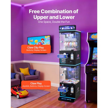 Claw Crane Machine, Medium-Sized Arcade Game Machine with Claw + Grabber Double-Layer, Light & Sound, Toy Candy Grabber Prize Dispenser Vending Toy, for Commercial Home Cinema, Black Purple