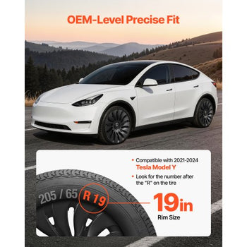Hubcaps Wheel Covers for 2021-2024 Tesla Model Y, 19 Inch Set of 4 Wheel Rim Cover Hubcaps OEM Style Replacement, R19 Size Snap On Car Hub Caps, Premium 14-Spoke ABS Tire Rim Caps, Matte Black