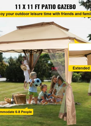 Outdoor Canopy Gazebo Tent, Portable Canopy Shelter with 11'x11' Large Shade Space for Party, Backyard, Patio Lawn and Garden, 4 Sandbags, Carrying Bag and Netting Included, Brown