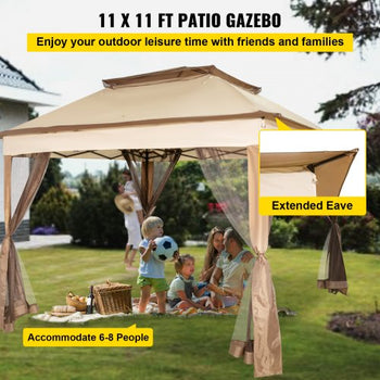 Outdoor Canopy Gazebo Tent, Portable Canopy Shelter with 11'x11' Large Shade Space for Party, Backyard, Patio Lawn and Garden, 4 Sandbags, Carrying Bag and Netting Included, Brown