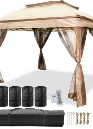 Outdoor Canopy Gazebo Tent, Portable Canopy Shelter with 11'x11' Large Shade Space for Party, Backyard, Patio Lawn and Garden, 4 Sandbags, Carrying Bag and Netting Included, Brown