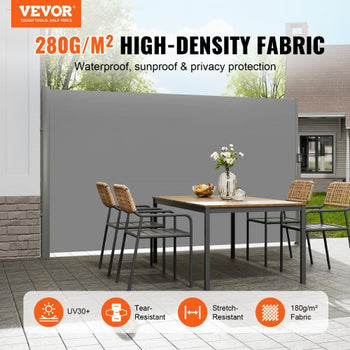 Retractable Side Awning, 63''x 118'' Aluminum Outdoor Privacy Screen, 280g Polyester Water-proof Retractable Patio Screen, UV 30+ Room Divider Wind Screen for Patio, Backyard, Balcony, Gray