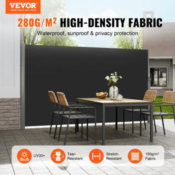 Retractable Side Awning, 71''x 118'' Aluminum Outdoor Privacy Screen, 280g Polyester Water-proof Retractable Patio Screen, UV 30+ Room Divider Wind Screen for Patio, Backyard, Balcony, Black