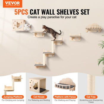 Wall Mounted Cat Shelves, Cat Wall Shelves and Perches with Jumping Boards, Nest, Barrier Board & Cat Tree, Cat Floating Furniture up to 40 lbs for Sleeping, Playing, Climbing, Set of 5