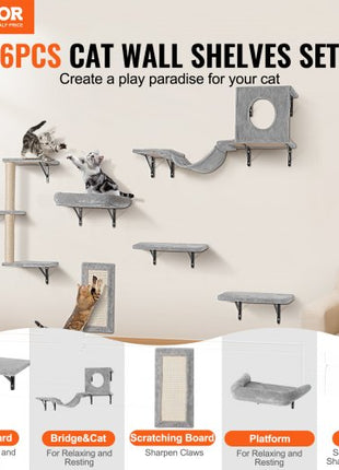 Wall Mounted Cat Shelves, Cat Wall Shelves and Perches with Jumping Boards, Hammock, Sofa, Cat Tree & Cat Grip, Cat Furniture and Shelves up to 40 lbs for Sleeping, Playing, Climbing, Set of 6