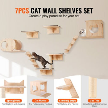 Wall Mounted Cat Shelves, Cat Wall Shelves and Perches with Jumping Boards,  Cat Beds, Hammocks & Cat Tree, Cat Furniture and Shelves up to 40 lbs for Sleeping, Playing, Climbing, Set of 7