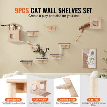 Wall Mounted Cat Shelves, Cat Wall Shelves and Perches with Jumping Boards, Cat Beds, Hammocks & Cat Tree, Cat Furniture and Shelves up to 40 lbs for Sleeping, Playing, Climbing, Set of 9