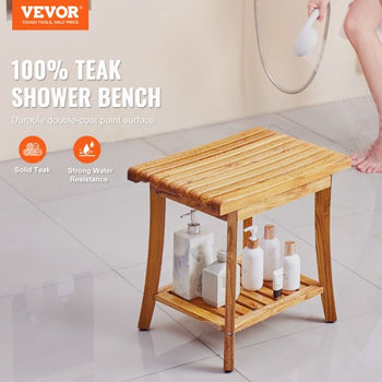 Teak Shower Bench, 20 x 14.3 x 17.9 in, Waterproof Wood Shower Stool with Storage Shelf Non-Slip Foot Pads, 400 lbs Maximum Load Capacity Shower Chair Seat, for Bathroom Indoor and Outdoor Use