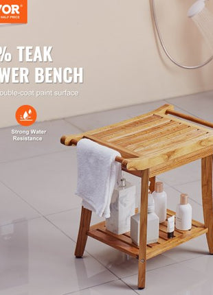 Teak Shower Bench, 22 x 14.4 x 18.5 in, Waterproof Wood Shower Stool with Storage Shelf Handle Non-Slip Feet, 300 lbs Maximum Load Capacity Shower Chair Seat, for Bathroom Indoor and Outdoor Use