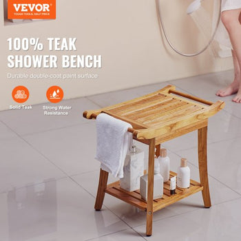 Teak Shower Bench, 22 x 14.4 x 18.5 in, Waterproof Wood Shower Stool with Storage Shelf Handle Non-Slip Feet, 300 lbs Maximum Load Capacity Shower Chair Seat, for Bathroom Indoor and Outdoor Use