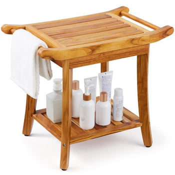 Teak Shower Bench, 22 x 14.4 x 18.5 in, Waterproof Wood Shower Stool with Storage Shelf Handle Non-Slip Feet, 300 lbs Maximum Load Capacity Shower Chair Seat, for Bathroom Indoor and Outdoor Use