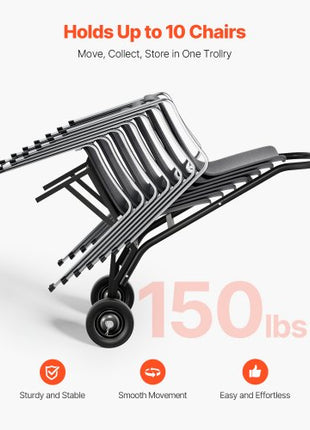 Folding Chair Rack, 150 LBS Capacity, Heavy-duty Chair Cart for Stacking 10 Chairs, Multi-Function Metal Chair Storage Dolly with Rubber Wheels, Push-Style Chair Holder, Matte Black