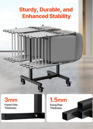 Folding Chair Rack, 200 LBS Capacity, T-shape Chair Cart for 14 Chairs, Heavy-duty Metal Chair Storage Dolly with Rubber Wheels, Multi-Function Chair Holder for Party Event,Hotel, Matte Black