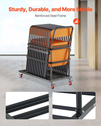Folding Chair Rack, 300 LBS Capacity, L-shape Vertical Placement Chair Cart for 25 Chairs, Heavy-duty Metal Chair Storage Dolly with Rubber Wheels, Multi-Function Chair Holder, Matte Black