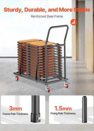 Folding Chair Rack, 300 LBS Capacity, L-shape Horizontal Placement Chair Cart for 25 Chairs, Heavy-duty Metal Chair Storage Dolly with Rubber Wheels and Holders, Large Chair Holder, Matte Black
