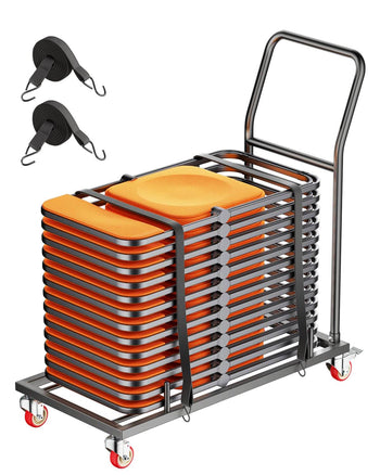Folding Chair Rack, 300 LBS Capacity, L-shape Horizontal Placement Chair Cart for 25 Chairs, Heavy-duty Metal Chair Storage Dolly with Rubber Wheels and Holders, Large Chair Holder, Matte Black