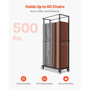 Folding Chair Rack, 500 LBS Capacity, Heavy-duty Chair Cart for 60 Chairs, Metal Chair Storage Dolly Chair Holder with Swivel Casters and Locking Wheels, for Party Event,Hotel,Matte Black