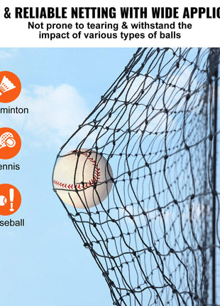 Durable black sports netting, ideal for tennis, badminton, and baseball, designed to withstand various ball impacts.