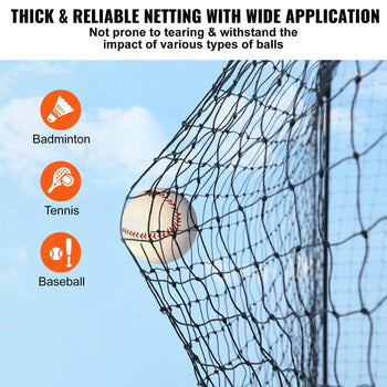 Durable black sports netting, ideal for tennis, badminton, and baseball, designed to withstand various ball impacts.