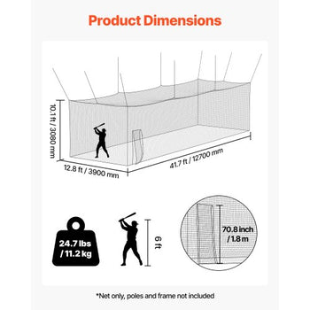 Baseball Batting Cage, 41.7 x 12.8 x 10.1 FT Freestanding Portable Batting Cage, Hitting Cages with 30-Ply Knotted HDPE & Carabiner Hooks, Battings Cages Netting for Indoor, Outdoor (NET ONLY)