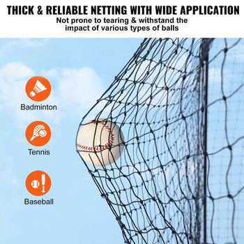 Durable black netting for sports; ideal for baseball, tennis, and badminton. Thick material withstands heavy impact.