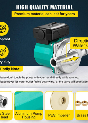 Hot Water Recirculating Pump, 93W, 110V Water Circulator Pump, Circulation Pump, 3/4″ G Thread to 1/2″ NPT Brass Adapter, Stainless Steel Head, 3 Speed Control for Electric Water Heater System