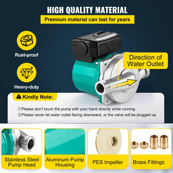Hot Water Recirculating Pump, 93W, 110V Water Circulator Pump, Circulation Pump, 3/4″ G Thread to 1/2″ NPT Brass Adapter, Stainless Steel Head, 3 Speed Control for Electric Water Heater System