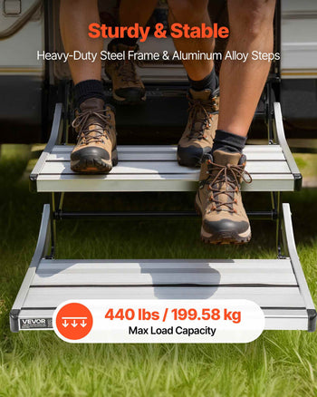 RV Steps, 2-Step, 440 lbs Load Capacity, Electric Retractable RV Stairs, Telescopic Folding Aluminum Alloy Camper Steps, Steel Frame Non-Slip Entry Stair for Camper Van Motorhome Travel Trailer