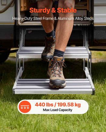RV Steps, 2-Step, 440 lbs Load Capacity, Manual Retractable RV Stairs, Telescopic Folding Aluminum Alloy Camper Steps, Steel Frame Non-Slip Entry Stairs for Camper Van Motorhome Travel Trailer