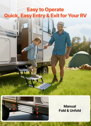RV Steps, 3-Step, 440 lbs Load Capacity, Manual Retractable RV Stairs, Telescopic Folding Aluminum Alloy Camper Steps, Steel Frame Non-Slip Entry Stairs for Camper Van Motorhome Travel Trailer