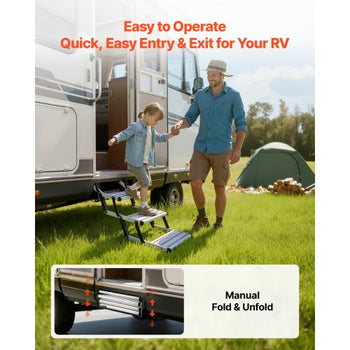 RV Steps, 3-Step, 440 lbs Load Capacity, Manual Retractable RV Stairs, Telescopic Folding Aluminum Alloy Camper Steps, Steel Frame Non-Slip Entry Stairs for Camper Van Motorhome Travel Trailer