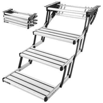 RV Steps, 3-Step, 440 lbs Load Capacity, Manual Retractable RV Stairs, Telescopic Folding Aluminum Alloy Camper Steps, Steel Frame Non-Slip Entry Stairs for Camper Van Motorhome Travel Trailer